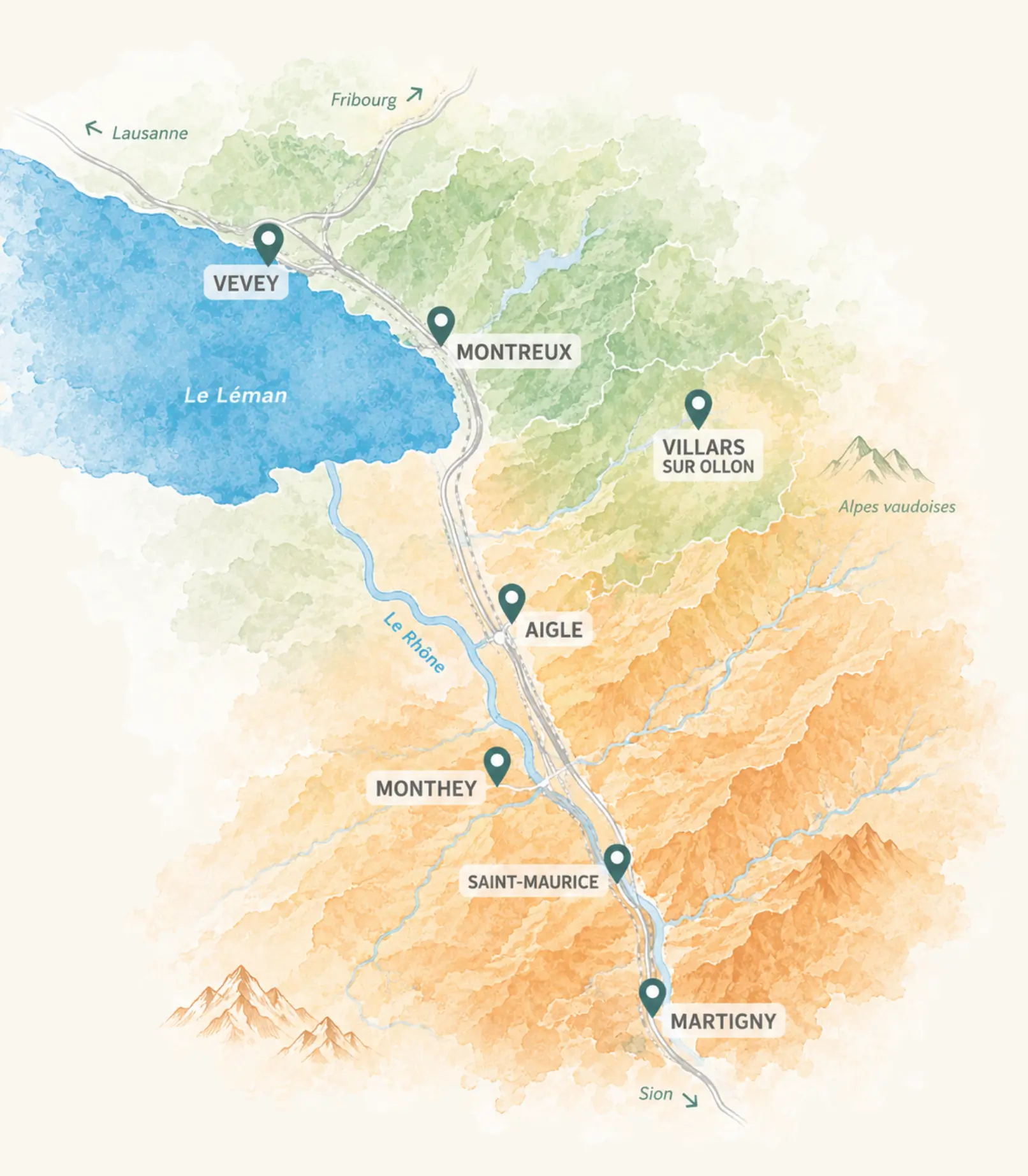 Carte de la zone d'intervention : Vevey, Montreux, Villars-sur-Ollon, Aigle, Monthey, Saint-Maurice, Martigny